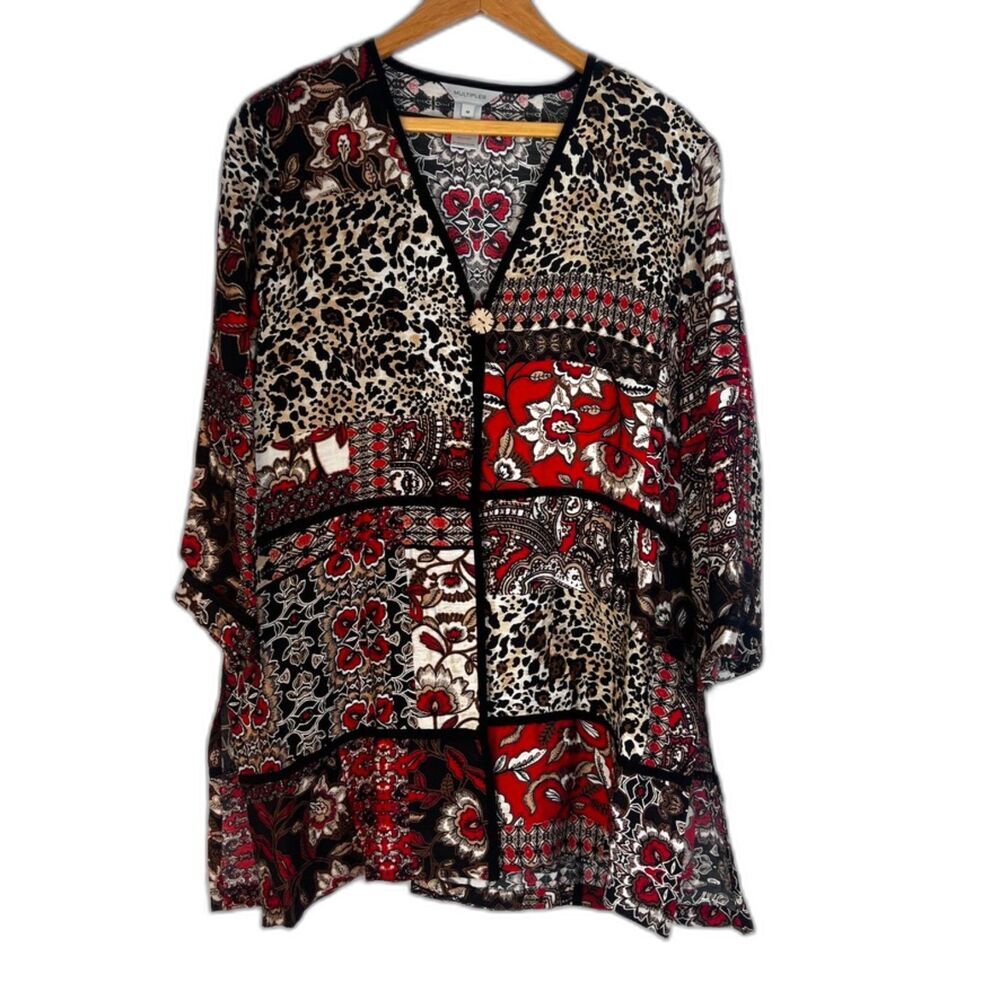 Multiples Maximalist Bold Abstract Vneck One Button Tunic Cardigan Size Medium